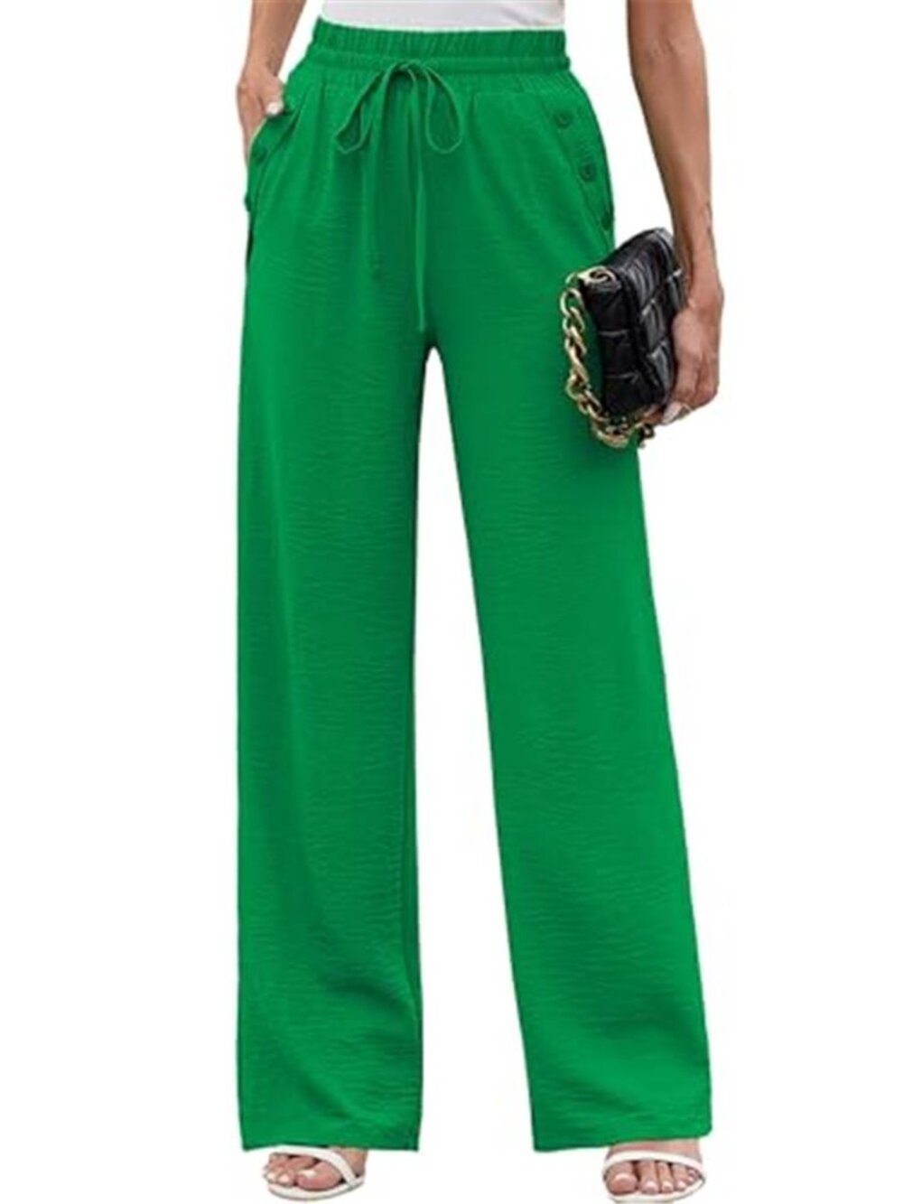 Wide Leg Lounge Pants High Waist Drawstring Palazzo Trousers Pockets Emerald